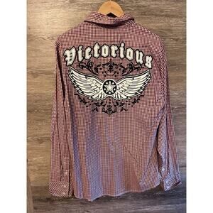 VICTORIOUS Urban Couture Sz L Men Shirt Long Sleeve Button Down Red Plaid Eagle